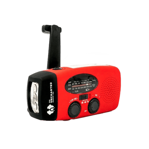 WB Crank Radio, red & black hand crank emergency radio & flashlight, Uncharted Supply Co survival gear