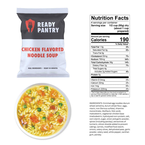 One Week Food Supply: ReadyPantry survival chicken noodle soup, nutrition, prepared