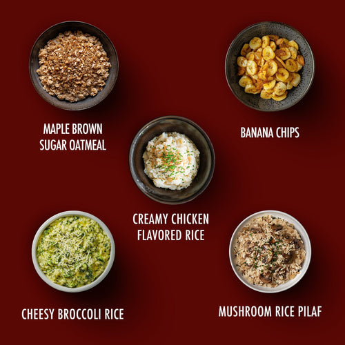 ReadyPantry 3 Day Food Supply showing diverse emergency meals: maple oatmeal, banana chips, and savory rice options