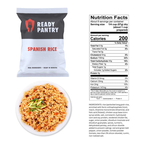 ReadyPantry Spanish Rice for One Month Food Supply, showing pouch, prepared meal, nutrition, & ingredients