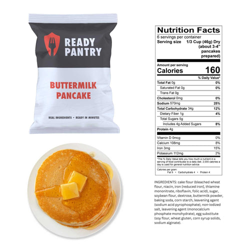 ReadyPantry One Month Food Supply featuring buttermilk pancake mix, prepared, with full nutrition facts and ingredients