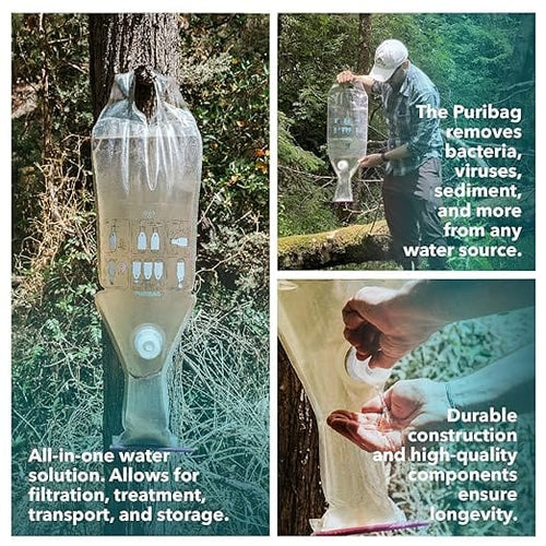 Puribag Water Puribag portable water filter and purification system shown in use in a forest