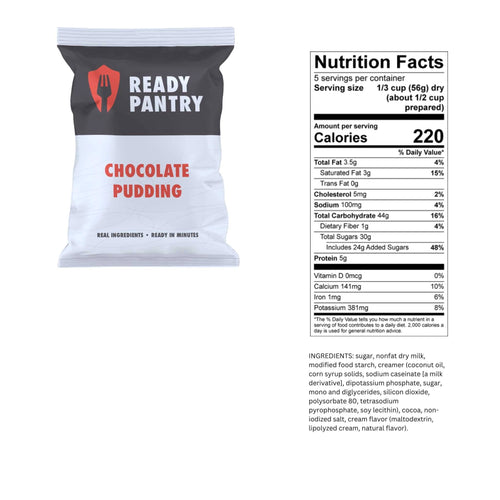 ReadyPantry One Month Food Supply chocolate pudding pouch and nutritional info, emergency food