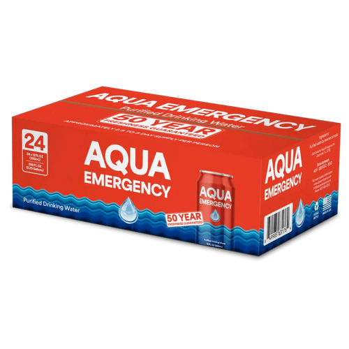 ReadyPantry 12 oz Emergency Water 24 Pack, red box with 50 year guarantee, a 2.5-5 day survival water supply