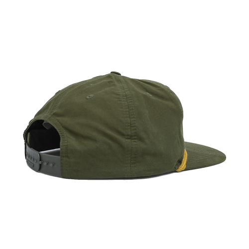 Rover Hat green & gold side view. Olive outdoor cap with gold rope and adjustable snapback closure