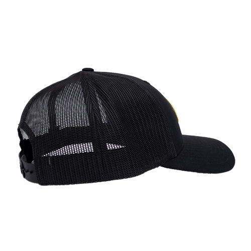 Pathfinder Trucker Hat, black mesh cap with snapback, side view, subtle yellow detail on front