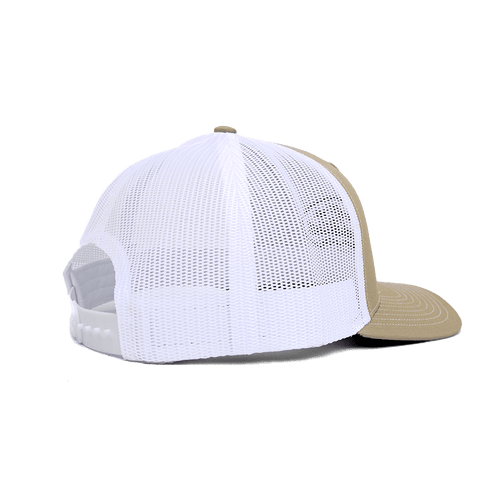 Adventure Trucker Hat, khaki front, white mesh back and snapback