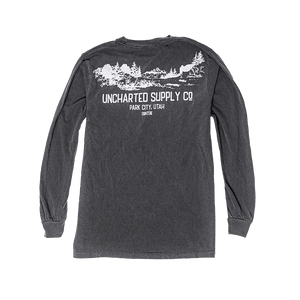 Unisex Landscape Long Sleeve Shirt in pepper grey with white Uncharted Supply Co mountain forest design on back