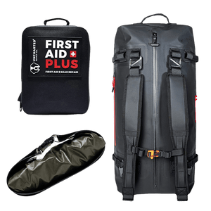 Flood Prep Core emergency kit with black waterproof dry bag backpack, First Aid Plus kit, and gear bag