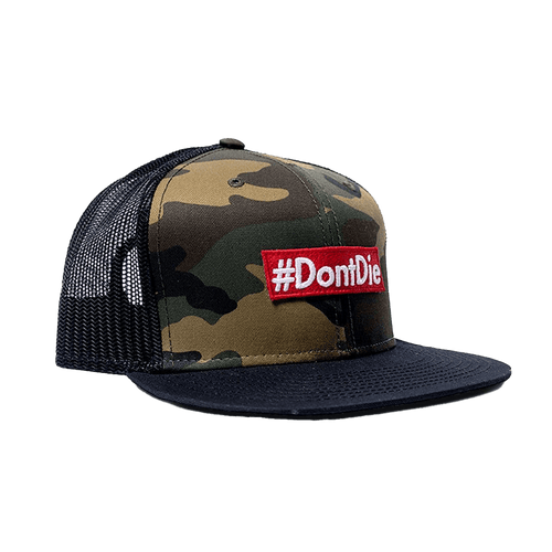 Hero Hat camouflage trucker hat with black mesh back and flat black brim, featuring a red #DontDie patch