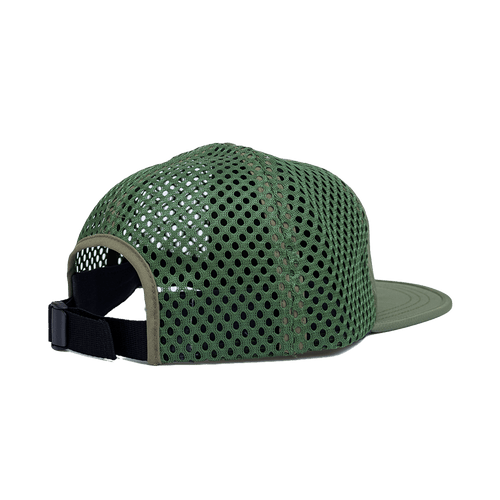 Trailblazer Performance Hat in olive green with perforated mesh crown, flat brim, and adjustable back strap