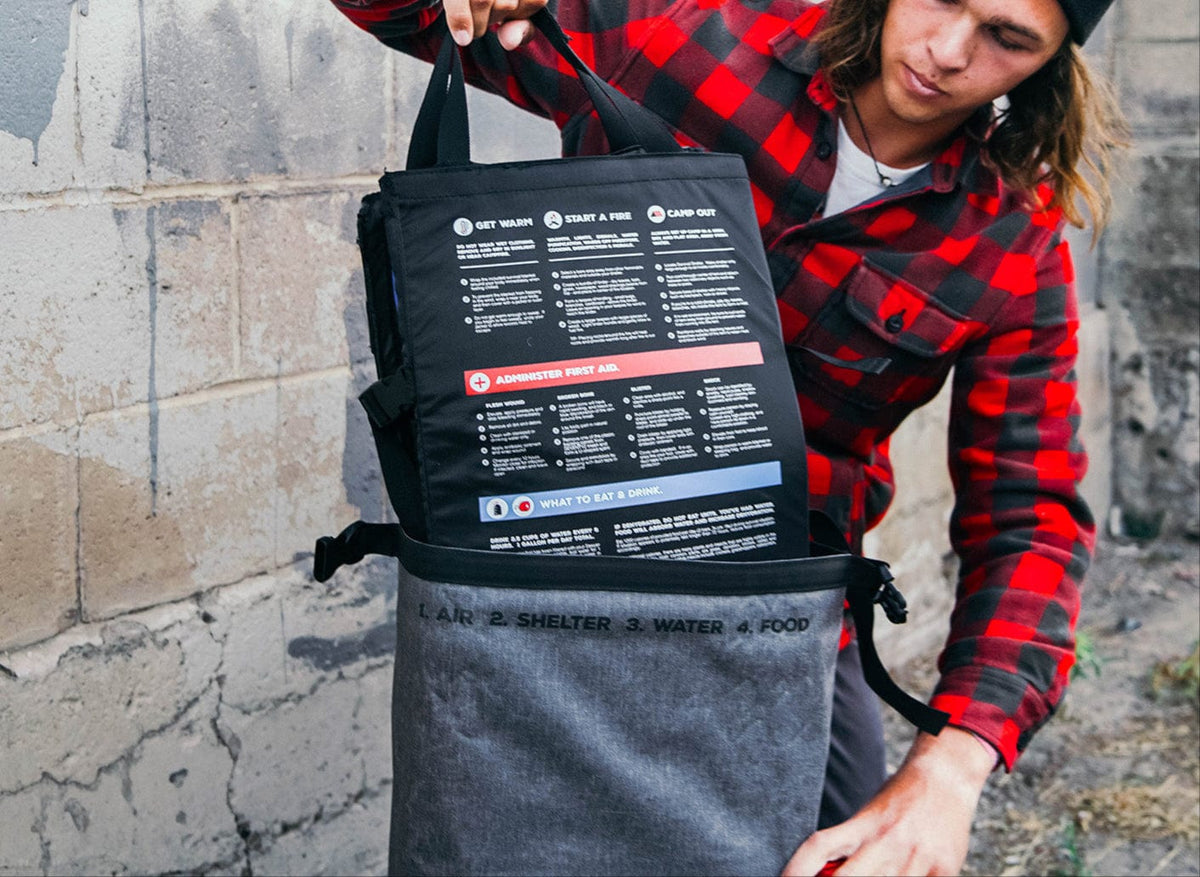 Person pulling out survival kit insert with instructions held by a man