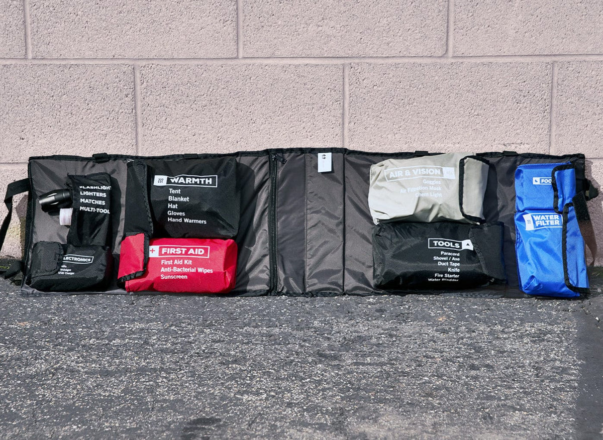 Survival kit insert opened flat, showing labeled pouches for first aid, warmth, tools, food, and water