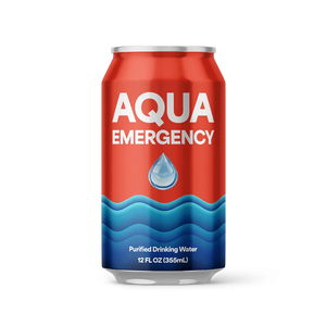 ReadyPantry 12 oz purified emergency water can, red with AQUA EMERGENCY label & blue waves