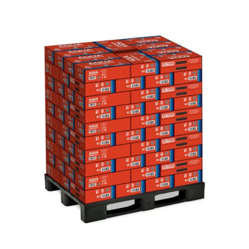 Bright red ReadyPantry 12 oz Emergency Water 24-packs stacked on a black pallet for survival and bulk storage