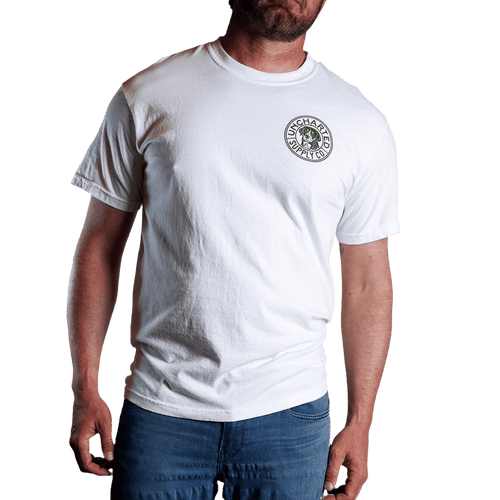 Conquer Everything T-Shirt - White men's tee, Uncharted Supply Co dog logo on chest