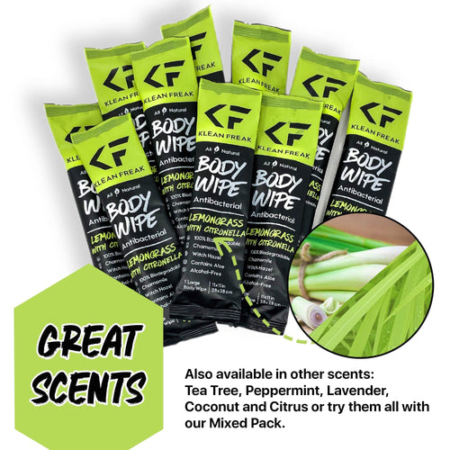 Klean Freak Body Wipes, 12-pack of Lemongrass with Citronella antibacterial wipes