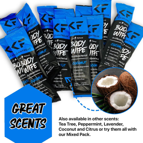 Klean Freak Body Wipes, 12-pack, antibacterial with natural ingredients & coconut scent, 11x11 in travel wipes