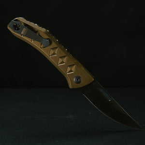 Half Face Blades Kwaiken Folder, anodized OD green handle, black nitride blade, textured grip, deep carry pocket clip