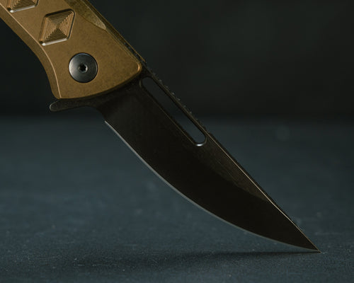 Half Face Blades Kwaiken Folder knife, black nitride blade, textured geometric OD green handle