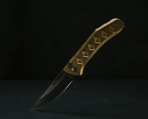 Half Face Blades Kwaiken tactical folding knife: anodized OD green handle, textured diamond grip, black nitride blade