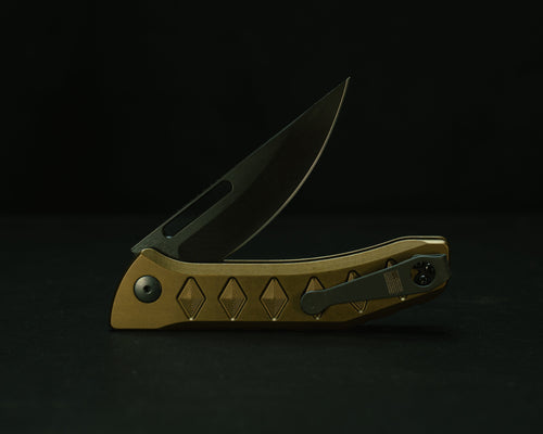 Half Face Blades Kwaiken Folder with OD green textured handle, black nitride blade, deep carry clip