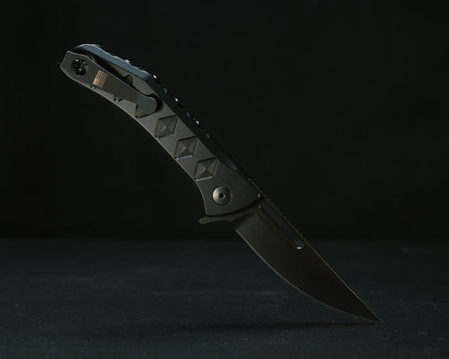 Half Face Blades Kwaiken Folder tactical folding knife, anodized black handle, black nitride blade, textured grip, deep carry clip