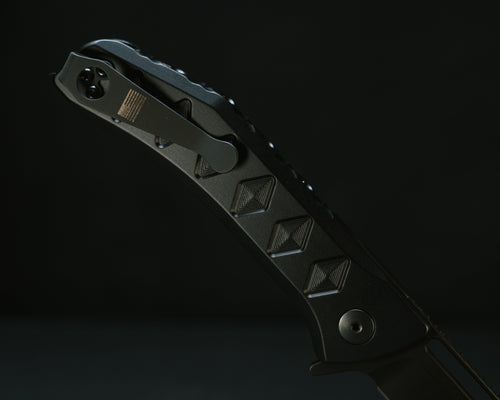 Kwaiken Folder by Half Face Blades, black anodized handle with textured diamond grip and deep carry pocket clip