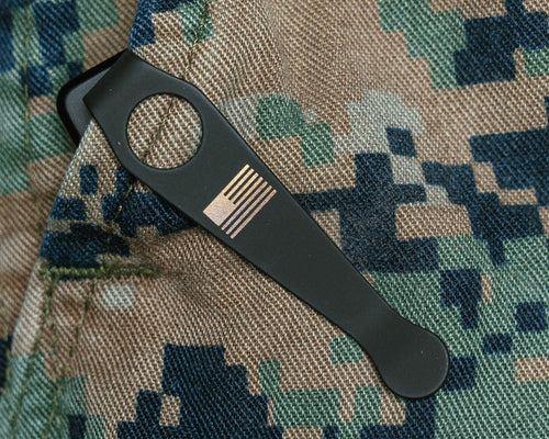 Half Face Blades Kwaiken Folder deep carry pocket clip with engraved US flag on digital camouflage tactical pants