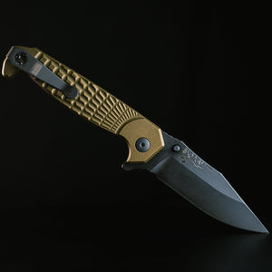 Half Face Blades Crow Folder folding knife, anodized OD green grenade grip, black nitride blade, deep carry clip