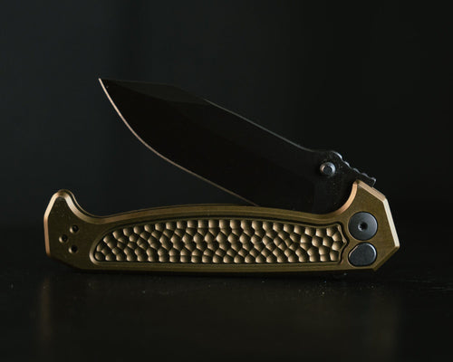 Half face blades Disaster Folder tactical folding knife with partially open black blade and OD Green dimpled handle