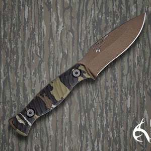The 86' Half Face Blades fixed blade knife: midnight bronze cerakote blade, Realtree camo textured micarta handle