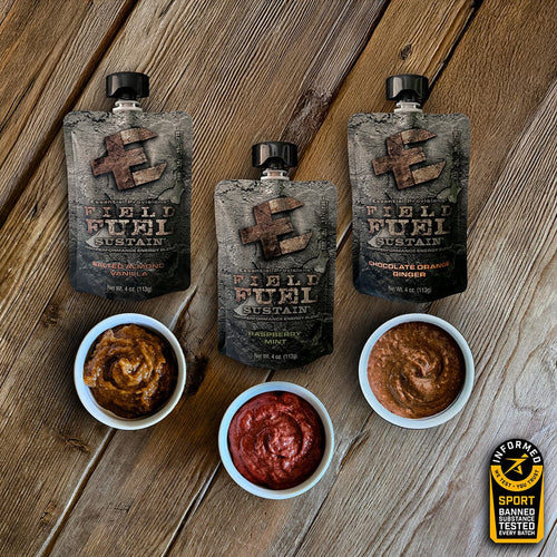 Essential Provisions Sustain Energy Blend variety pack: 3 energy gel pouches & bowls (vanilla, raspberry, chocolate). Informed Sport
