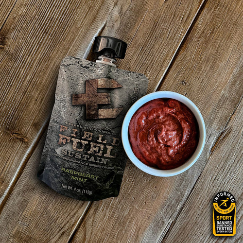 Sustain Energy Blend Raspberry Mint high-performance gel pouch from Essential Provisions, in a bowl