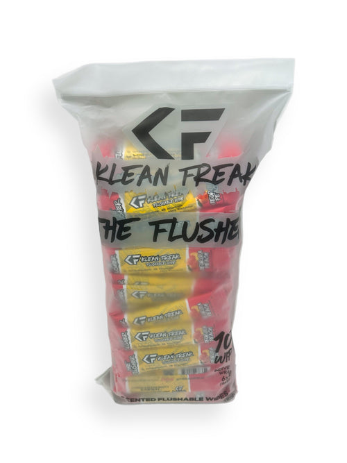 Klean Freak The Flusher flushable wipes, a clear bag filled with yellow and red individual packs