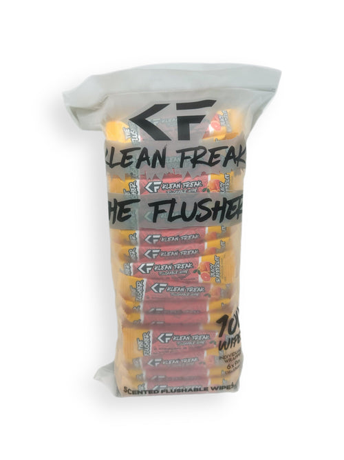 Klean Freak The Flusher 100 pack of Juicy Grapefruit flushable wipes in a clear bag