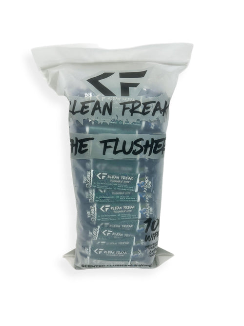 The Flusher - Klean Freak 100-pack of Kaskade Pine scented flushable wipes in clear bulk packaging