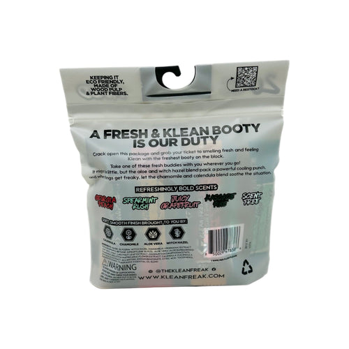 Klean Freak The Flusher 20 Pack flushable wipes, back of package highlighting eco-friendly wood pulp, plant fibers & various scents