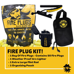 Black Beard Fire Plug Kit with waterproof arc lighter, flint rod, fire plugs, and organizing pouch for survival
