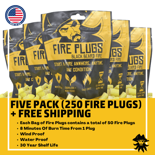 Black Beard Fire Plugs 5-pack: 250 waterproof, windproof fire starter tinder for survival, 8-min burn
