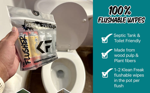 Klean Freak The Flusher 100-pack flushable wipes held over a toilet, biodegradable & septic safe