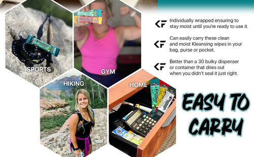 Klean Freak The Flusher individually wrapped flushable wipes shown for sports, gym, hiking, home, emphasizing easy to carry portability