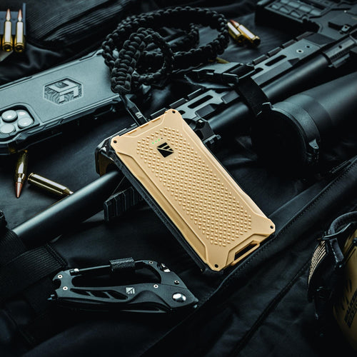 Dark Energy Poseidon Pro rugged power bank with phone case, carabiner, and tactical gear