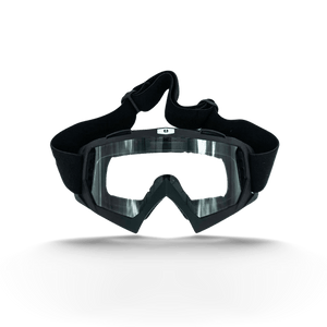 Safety goggles, black frame with clear lens and adjustable strap for tactical outdoor protection