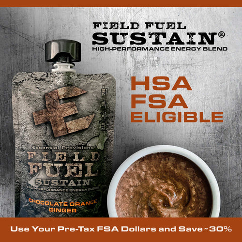 Essential Provisions Field Fuel Sustain, Chocolate Orange Ginger energy blend pouch with a bowl of product; HSA/FSA eligible