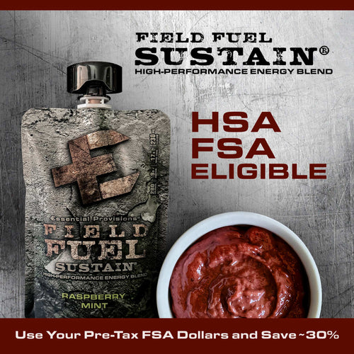 Essential Provisions Sustain Energy Blend, Raspberry Mint flavor pouch next to a bowl of red energy gel, HSA FSA eligible