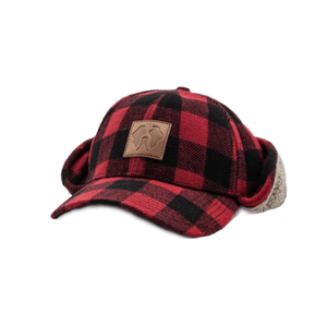 HWY8 Hat, red and black buffalo plaid trapper cap with sherpa-lined ear flaps and brown leather logo