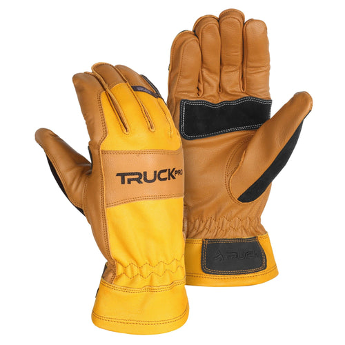 M4 TRUCK leather work gloves, tan and bright yellow, with black accents and elastic wrist