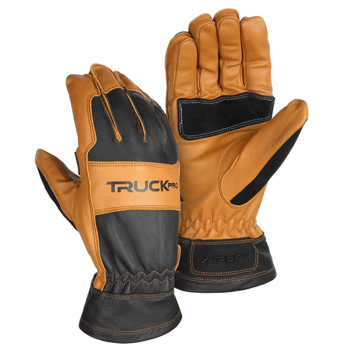 TRUCK M4 pair of tan and black leather work gloves featuring brand logos
