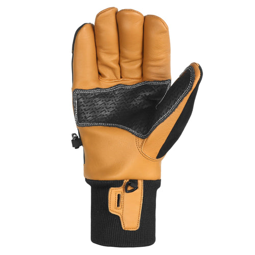 TRUCK M1 PRO tan leather and black textured palm ski glove with knit cuff and white stitching, right hand palm up